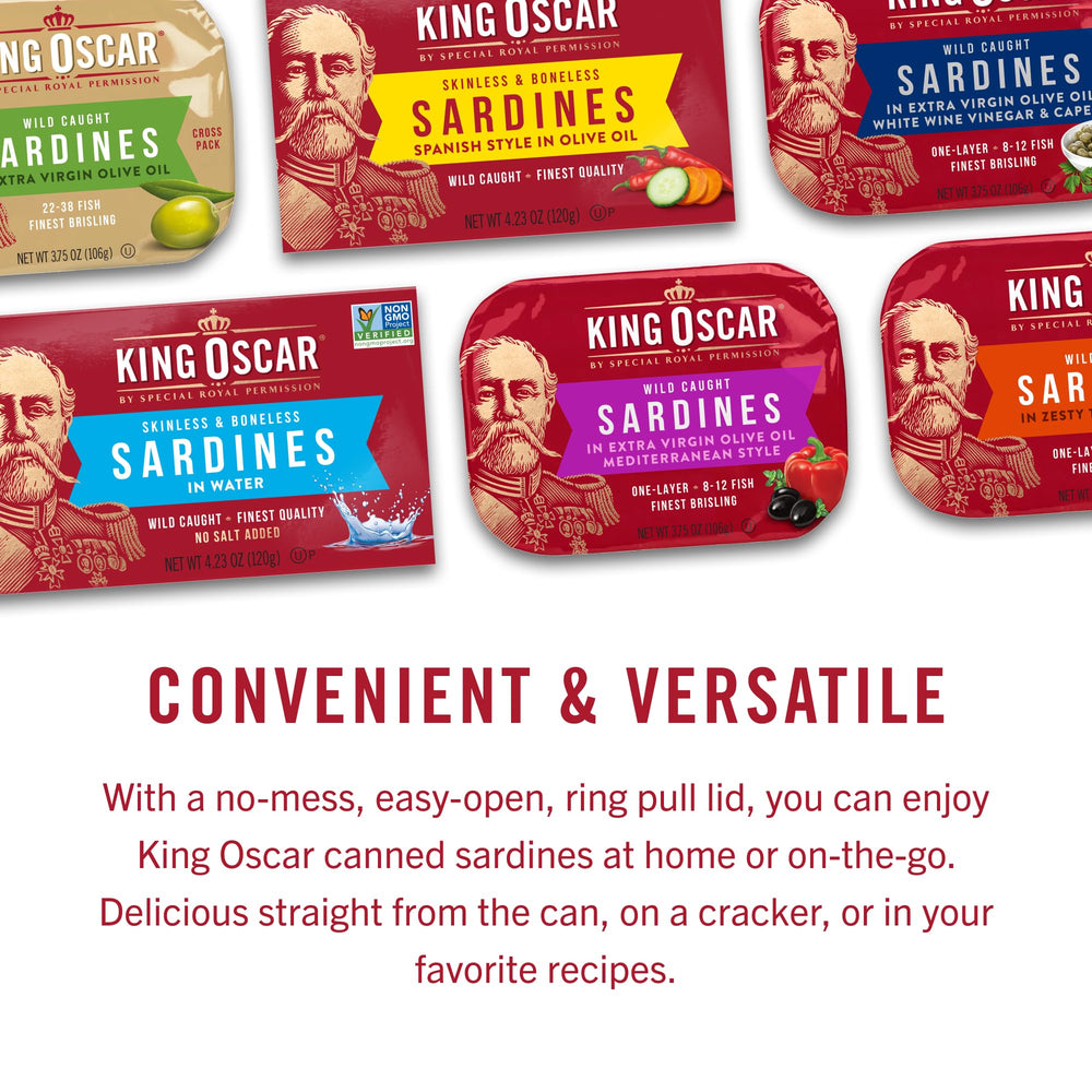 King Oscar scale comparison in hand, shows compact 3.75 oz can size