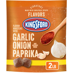 Kingsford front packaging showing garlic onion paprika flavor boosters benefit enhancing grill flavor