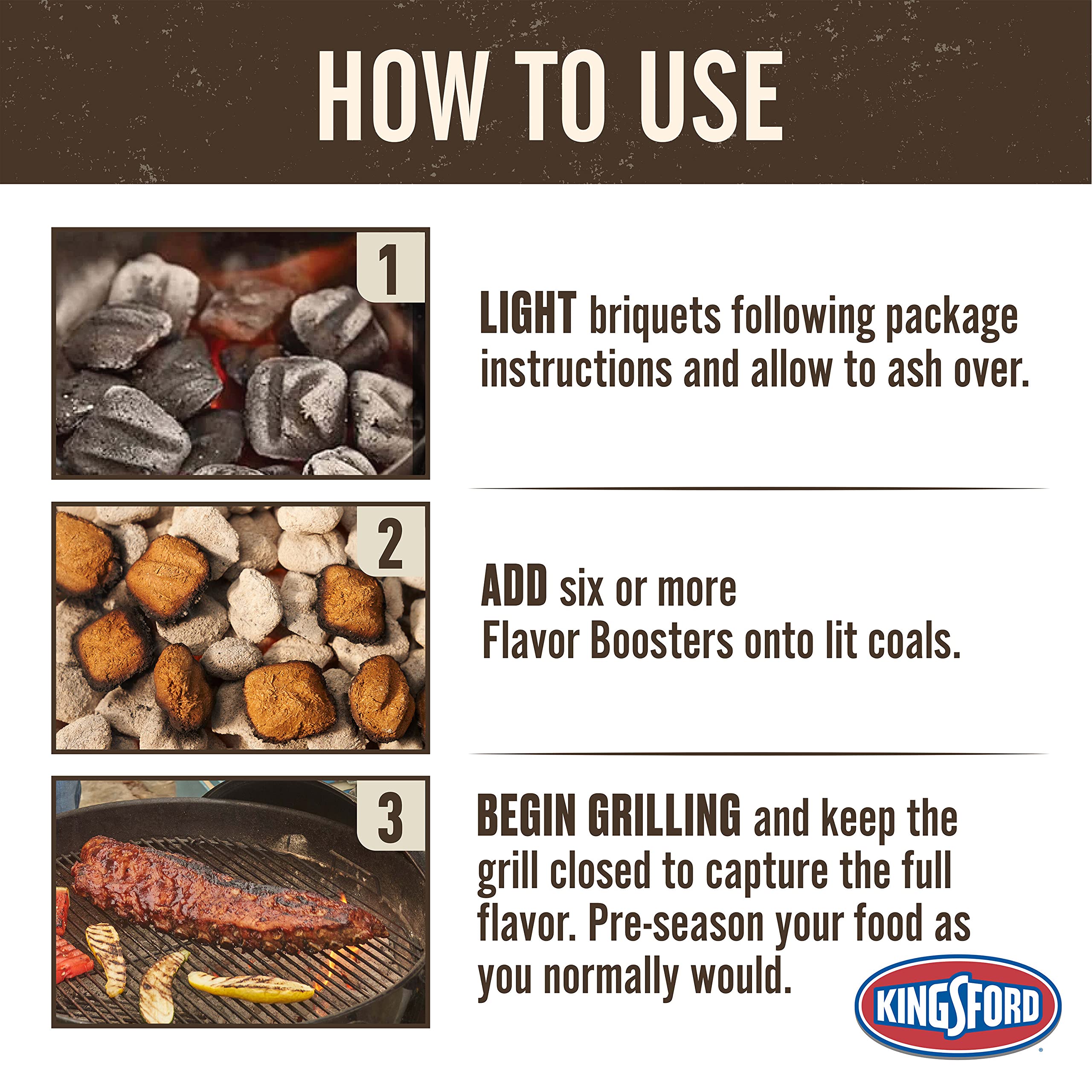 Kingsford flavor boosters on hot coals producing aromatic smoke to boost grilled taste benefit