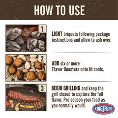 Kingsford flavor boosters on hot coals producing aromatic smoke to boost grilled taste benefit