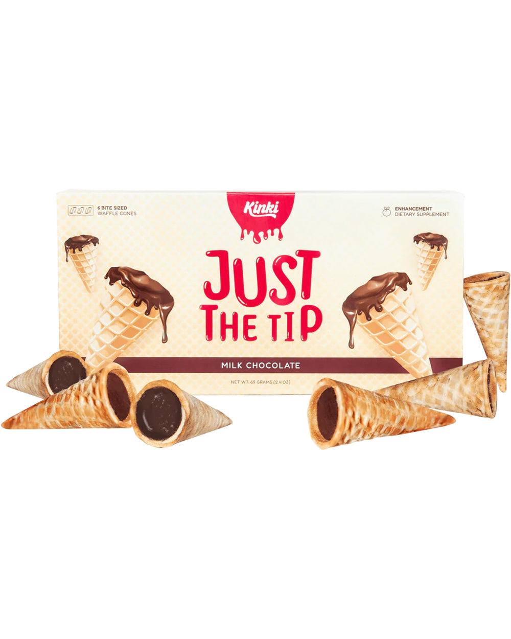 Kinki front packaging displaying six waffle cones and product name, perfect for gifting