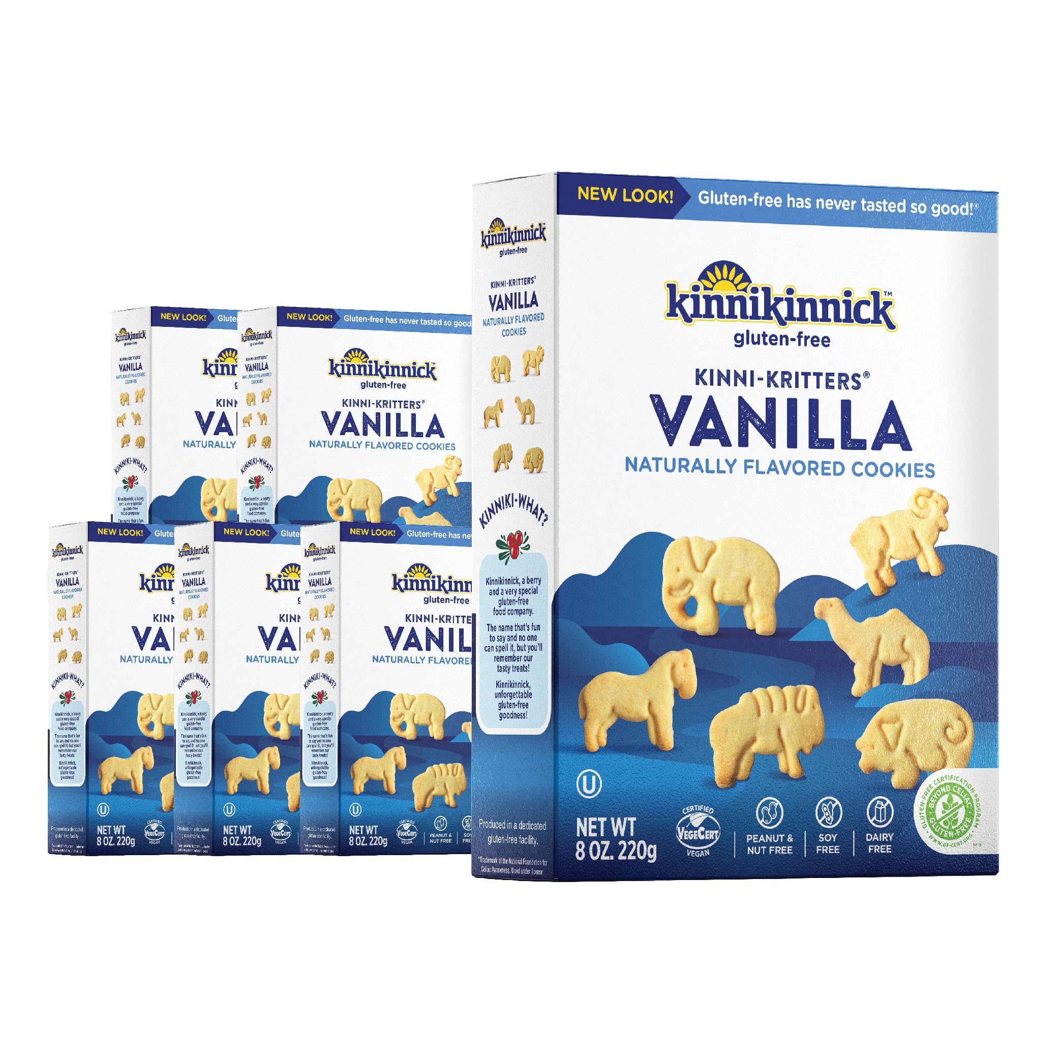 Kinnikinnick front packaging showing six 8oz boxes and brand benefit