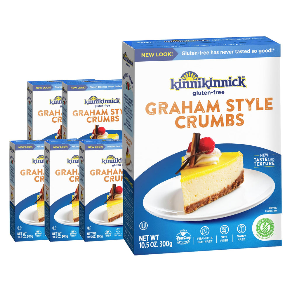 Kinnikinnick front packaging showing six 10.5 oz boxes and product benefits