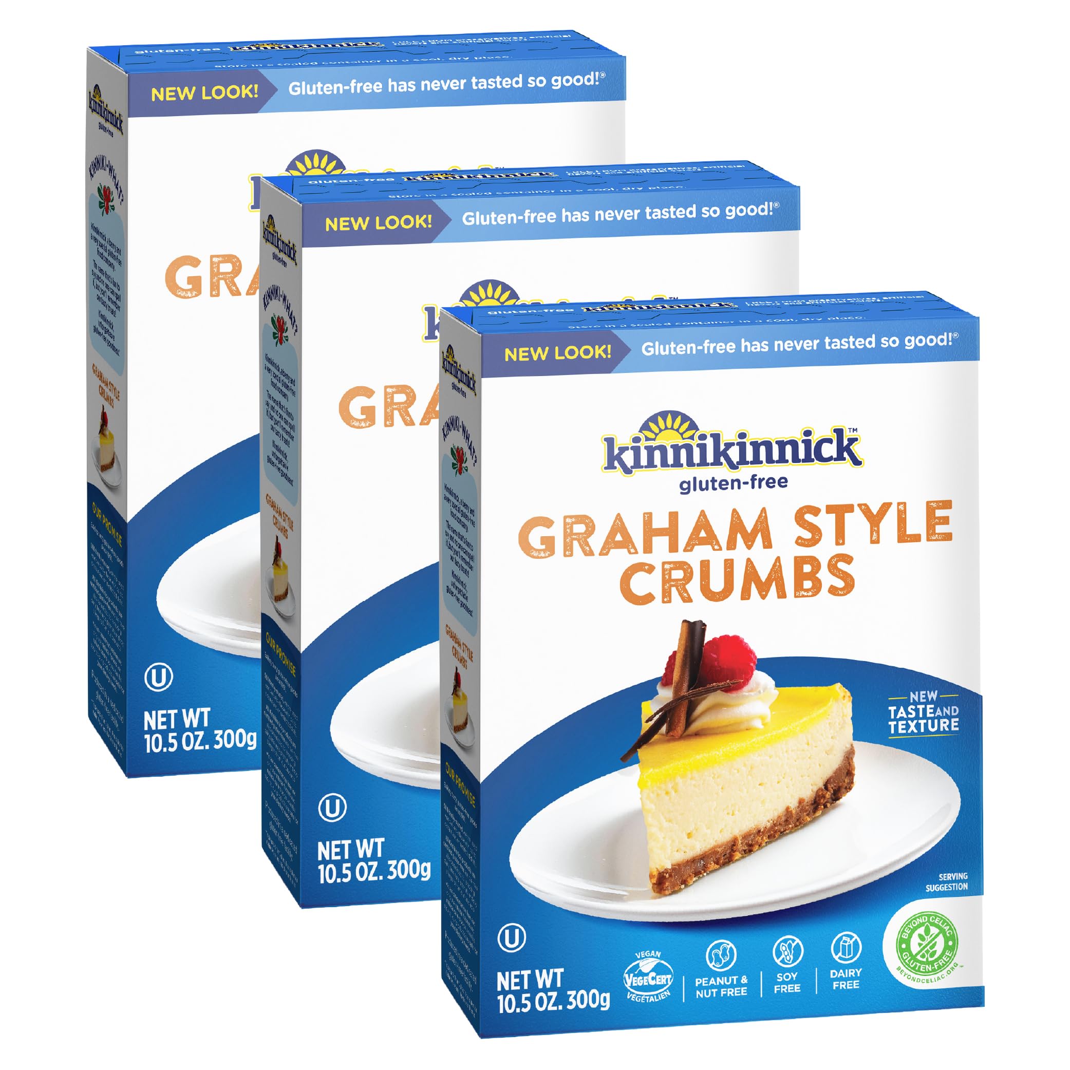 Kinnikinnick front packaging showing three 10.5 oz boxes and product benefits
