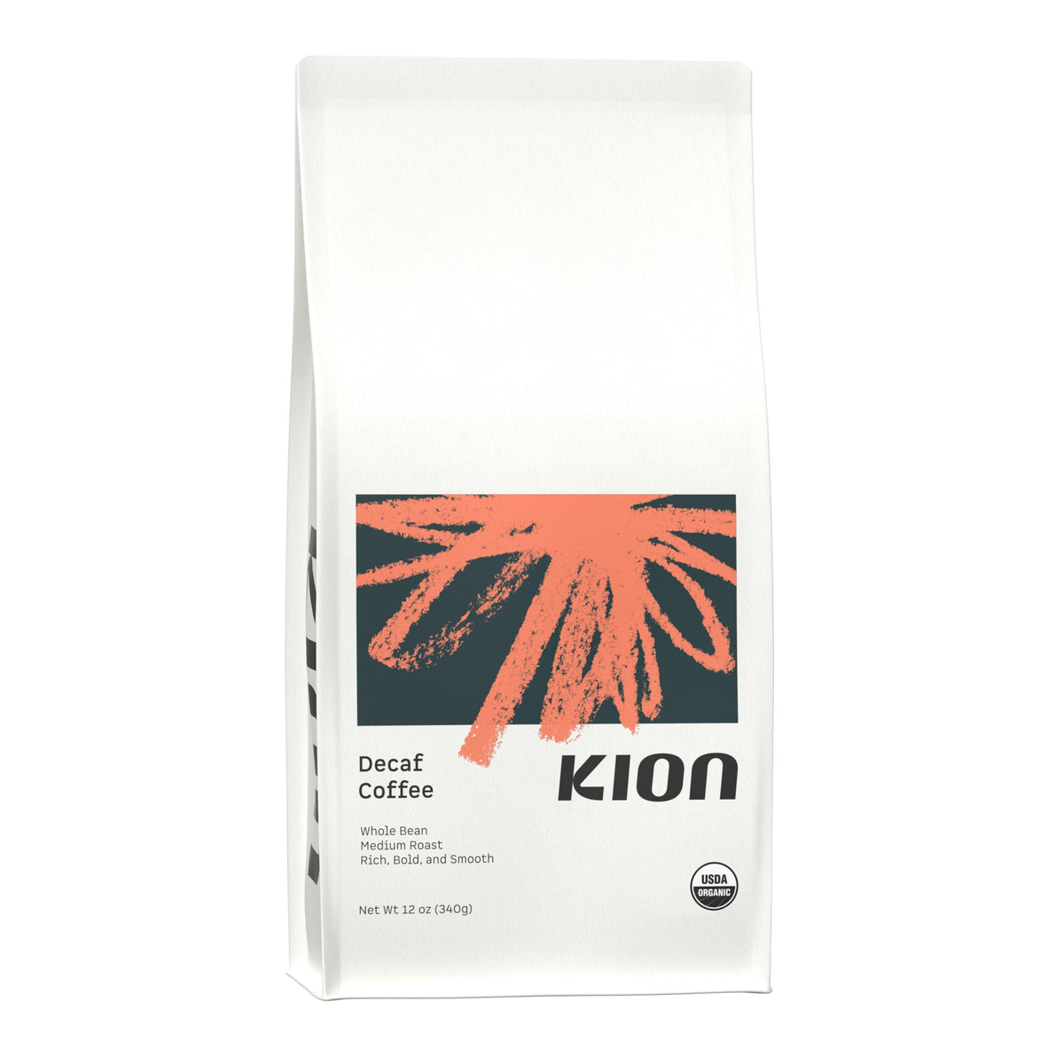 Kion front packaging showing organic decaf and medium roast benefits