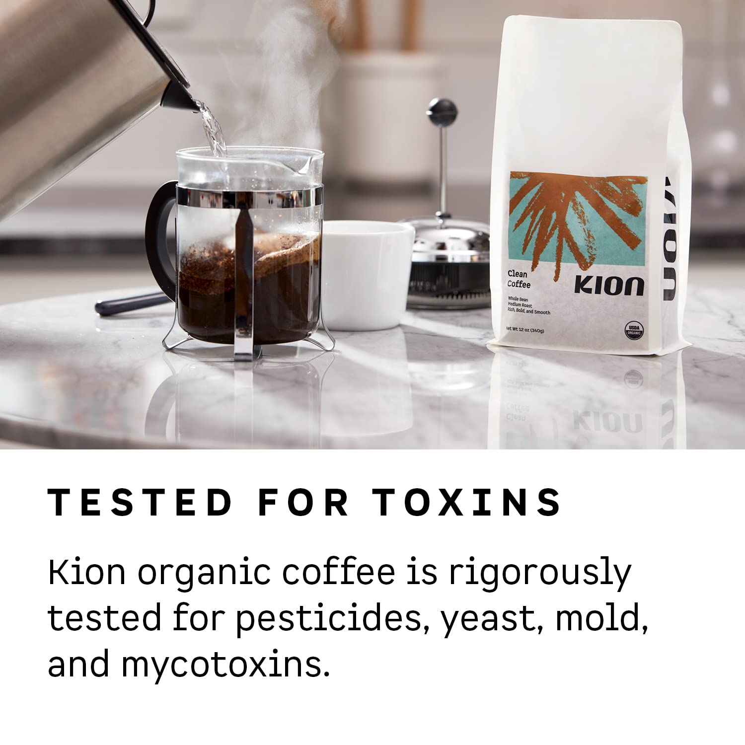 Kion coffee pouring in pour-over cone showing clean flavor extraction benefit