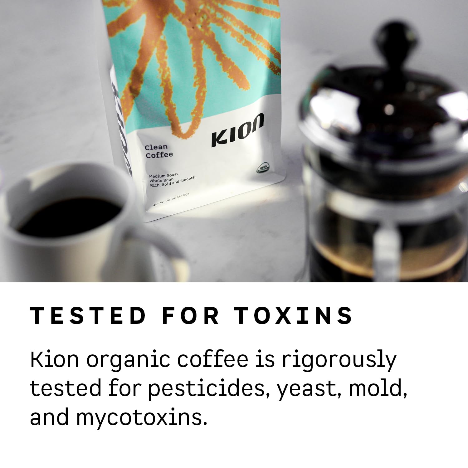 Kion clean coffee label detail showing certifications and transparency benefit