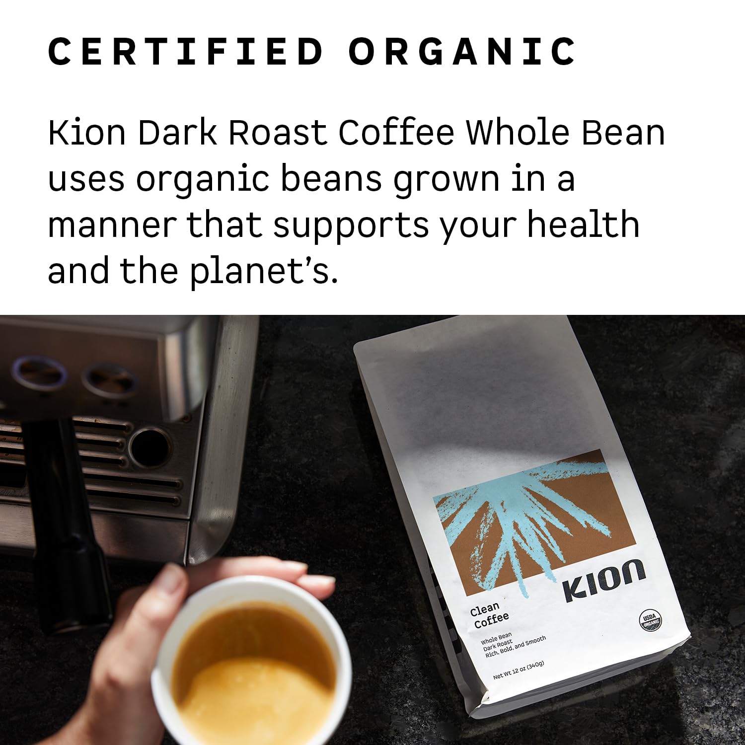Kion coffee poured into a mug in a kitchen scene showing comforting bold flavor