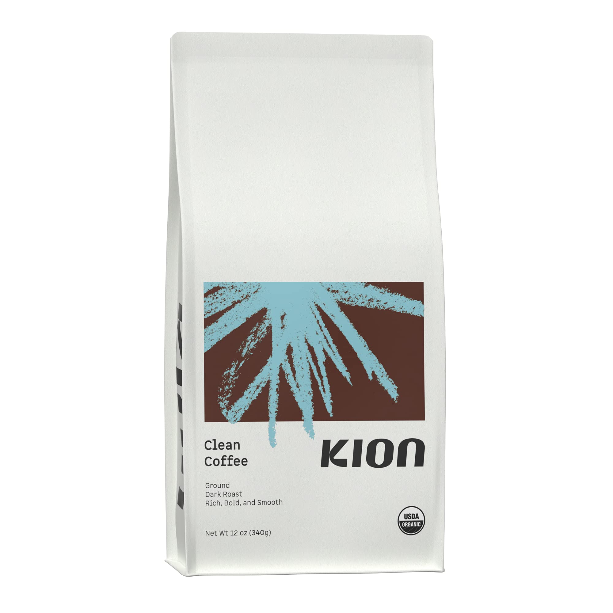 Kion front packaging showing dark roast label and organic certification benefit