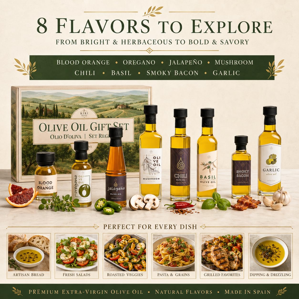 Kiri & Sons bottle lineup of eight flavored oils highlighting variety and choice