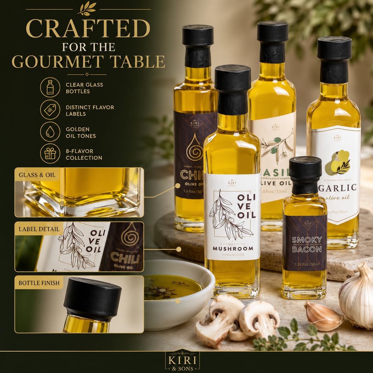 Kiri & Sons infused oil texture close-up showing glossy olive sheen for rich flavor