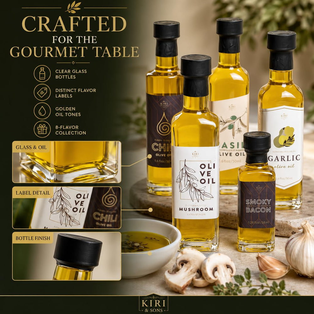 Kiri & Sons infused oil texture close-up showing glossy olive sheen for rich flavor
