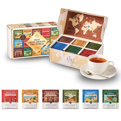 Kiri & Sons world map box front showcasing global tea assortment and attractive gifting