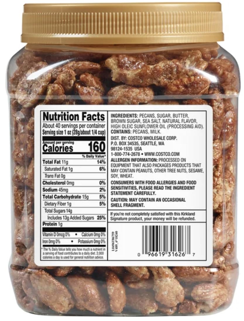 MORALZA and Kirkland praline pecans close-up highlighting glossy caramelized texture