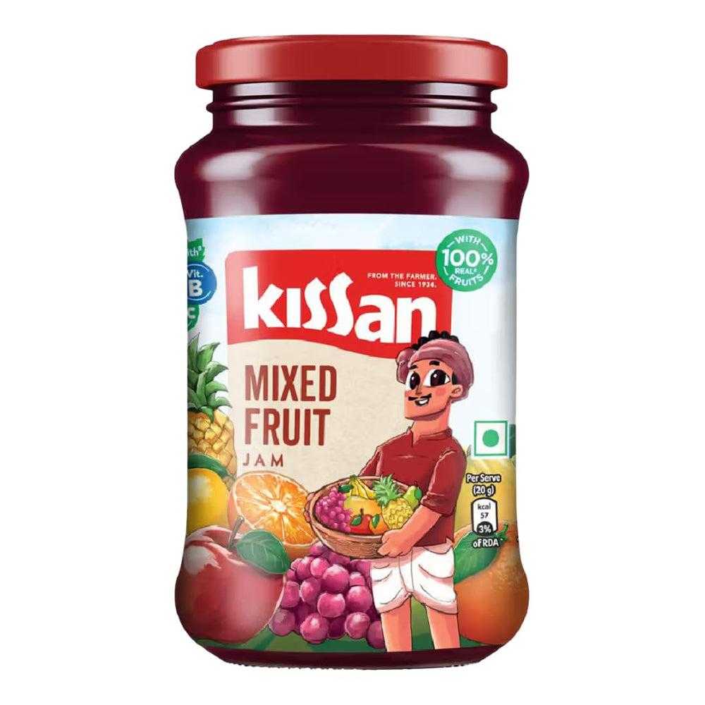 Kissan jar front view showing label and 500g size, clear pantry benefit