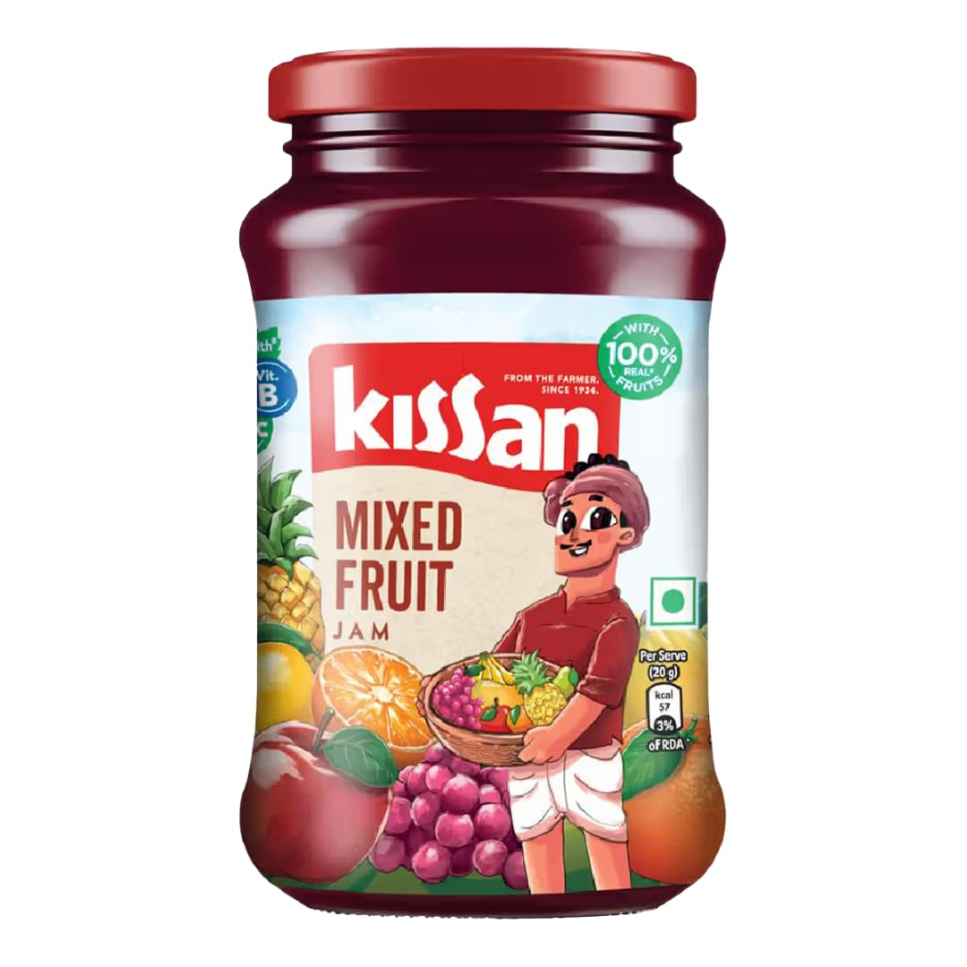 Kissan jar front view showing label and 500g size, clear pantry benefit