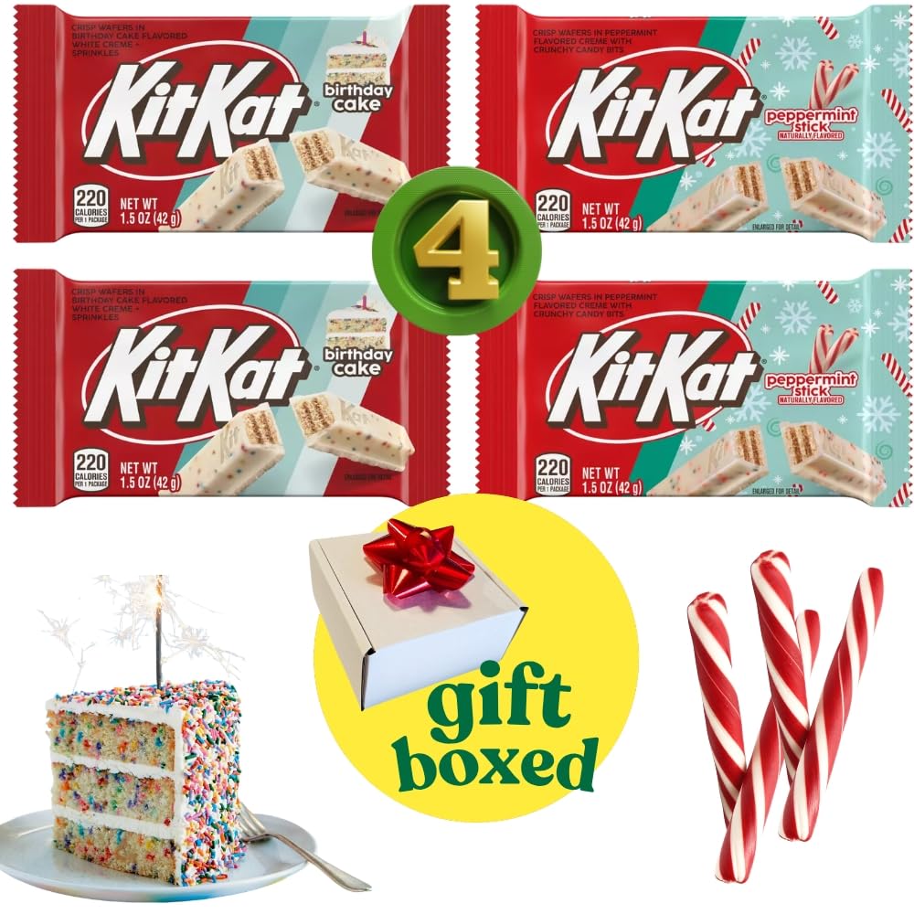 Kit Kat gift box front view showing peppermint and birthday cake bars, ideal for gifting
