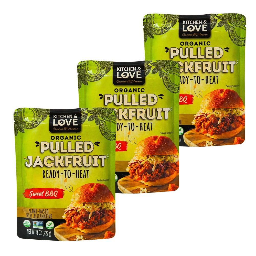 Kitchen & Love packaging front view showing organic sweet BBQ jackfruit convenience