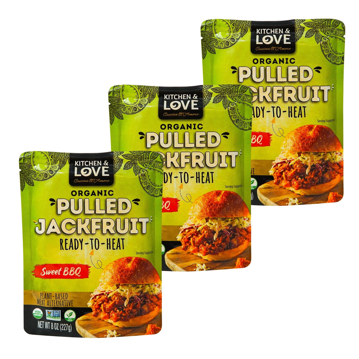 Kitchen & Love packaging front view showing organic sweet BBQ jackfruit convenience