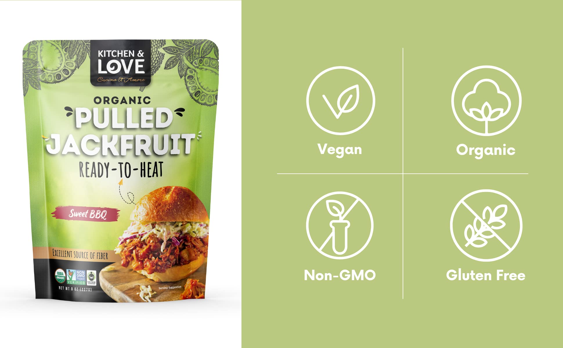 Kitchen & Love 8oz pouch next to a hand for size comparison and portion clarity