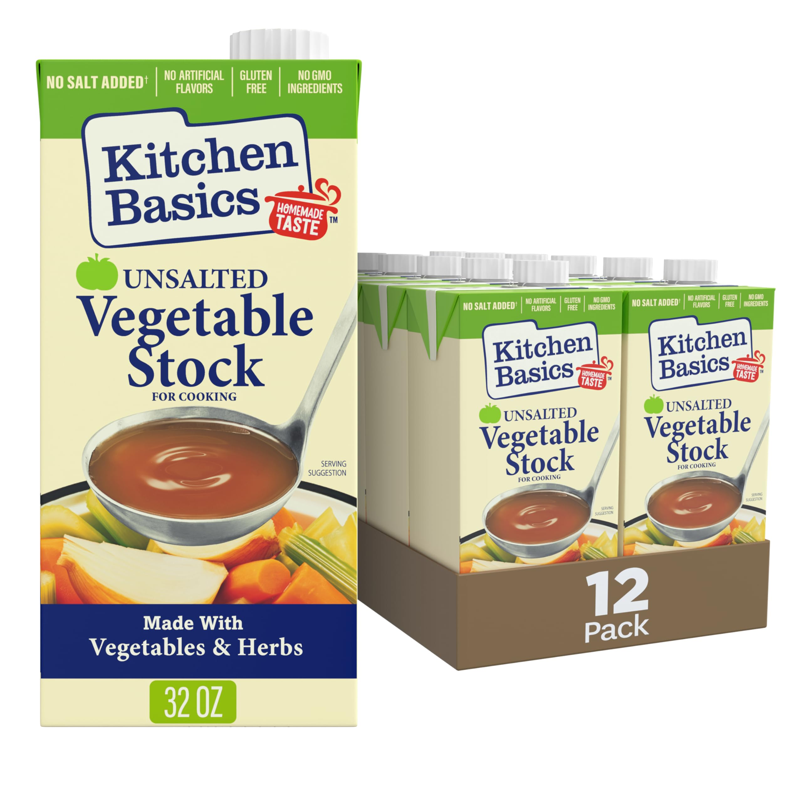Kitchen Basics front carton showing 32 oz unsalted vegetable stock and clear branding benefit