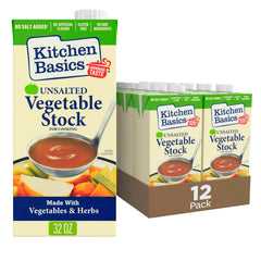 Kitchen Basics front carton showing 32 oz unsalted vegetable stock and clear branding benefit
