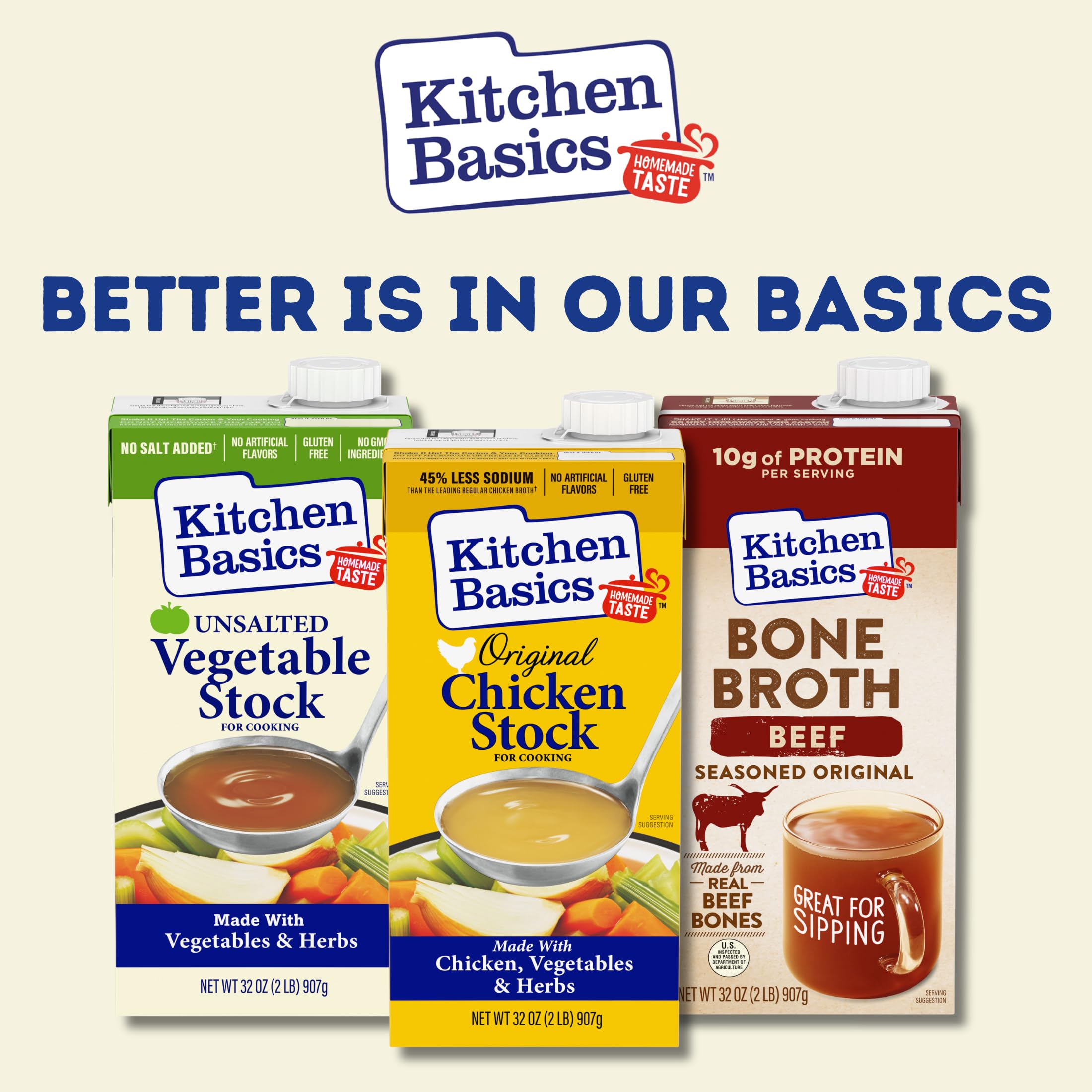 Kitchen Basics label detail highlighting gluten free and no added salt benefits