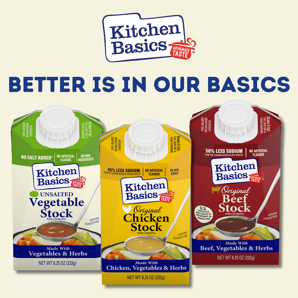 Kitchen Basics cartons arranged on pantry shelf for storage