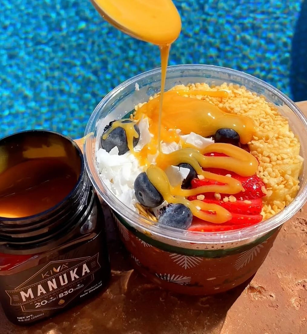 Kiva manuka honey close-up drizzle showing thick texture and rich quality benefit