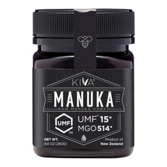 Kiva front packaging showing UMF 15+ label and authentic jar benefit verification