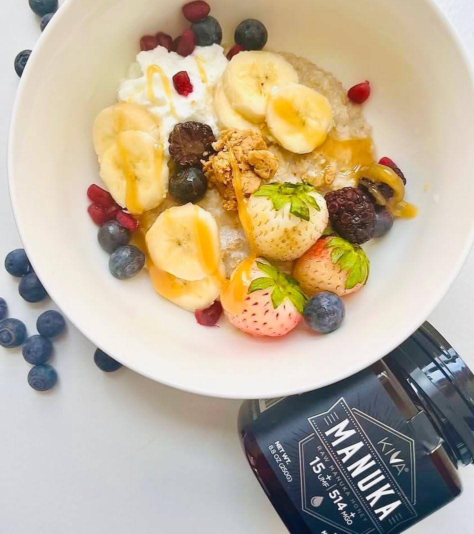 Kiva honey on spoon drizzled over toast for flavor enhancement benefit