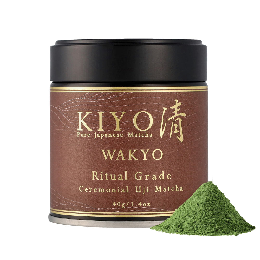 Kiyo Matcha front can showing vibrant green ceremonial matcha packaging and freshness