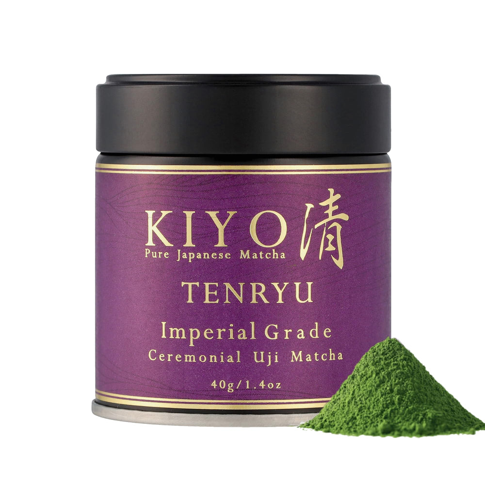 Kiyo Matcha front tin packaging showing product label and freshness seal benefits