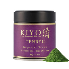 Kiyo Matcha front tin packaging showing product label and freshness seal benefits