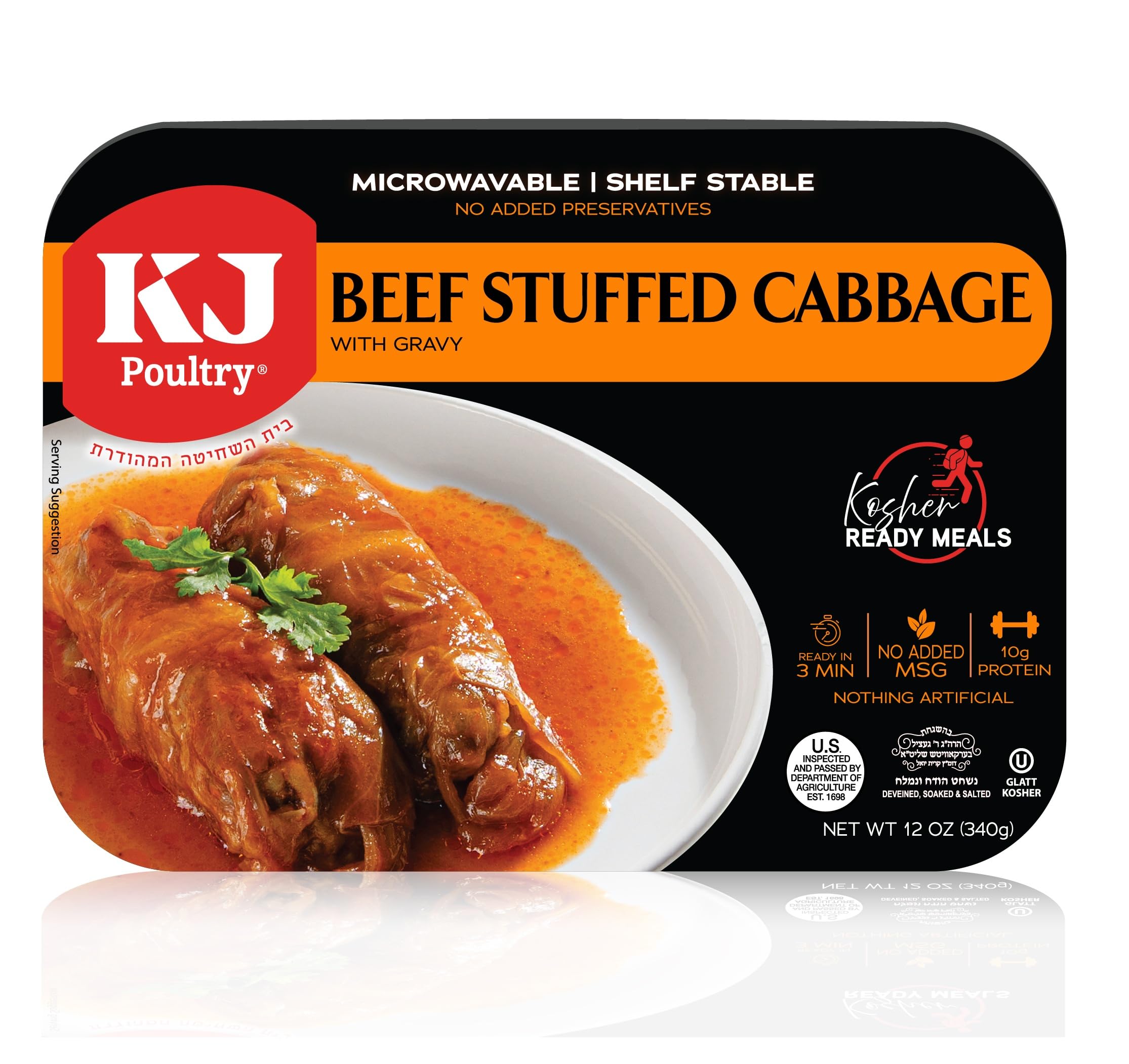 KJ Poultry front packaging showing beef stuffed cabbage, convenient ready meal benefit