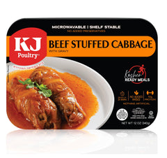 KJ Poultry front packaging showing beef stuffed cabbage, convenient ready meal benefit