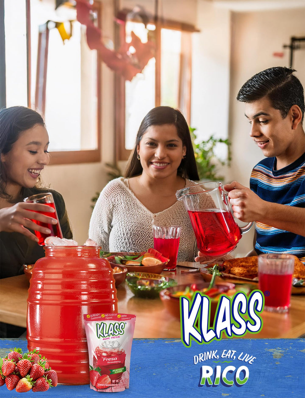 Klass Aguas Frescas poured in glass beside fruit showing true-to-fruit flavor benefit