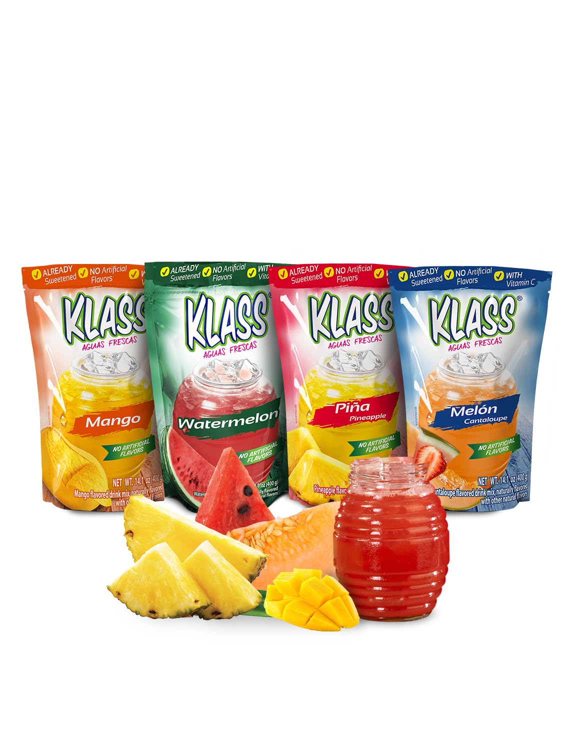 Klass Aguas Frescas front pack view showing tropical variety and benefits