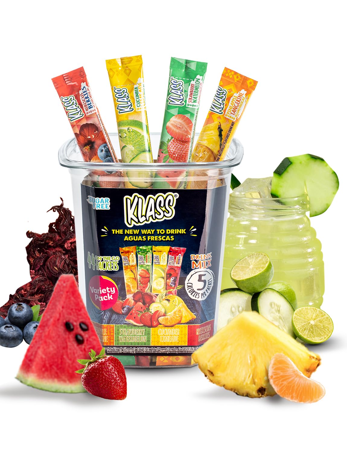 Klass Aguas Frescas front box showing 44-stick variety and travel convenience