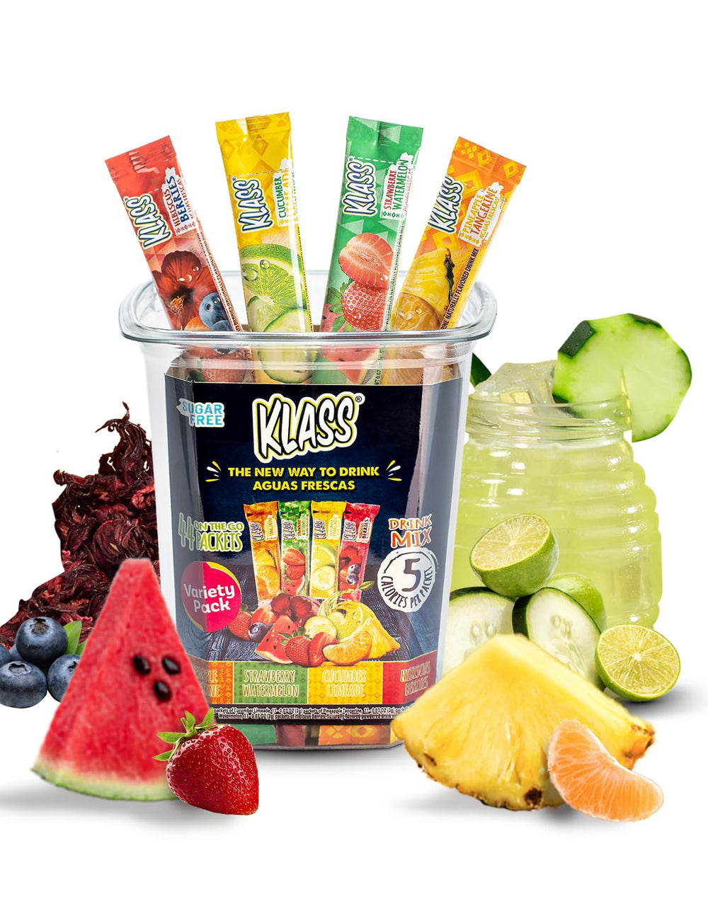 Klass Aguas Frescas front box showing 44-stick variety and travel convenience