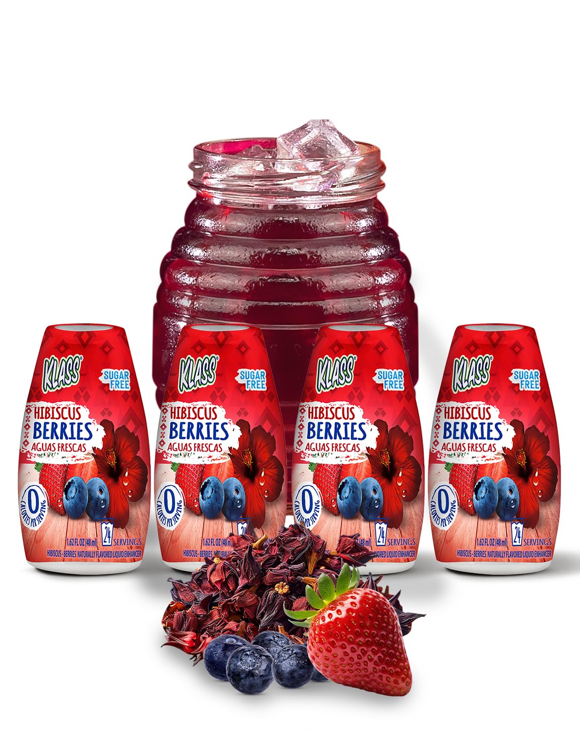 Klass Aguas Frescas front packaging showing four hibiscus berries bottles, convenient hydration