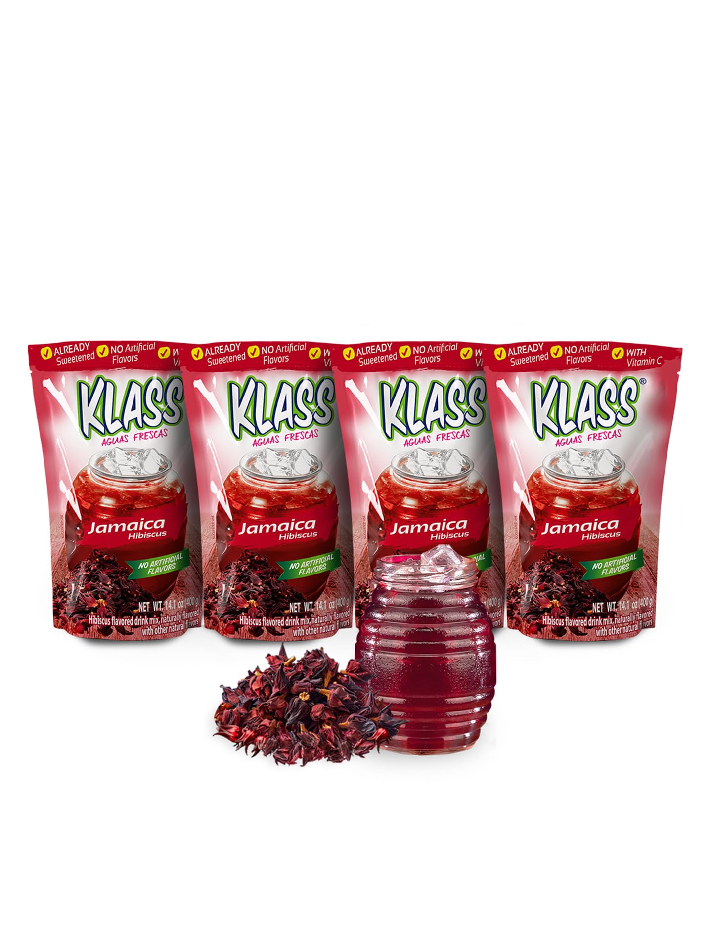 Klass Aguas Frescas hibiscus front packaging showing product identity and servings