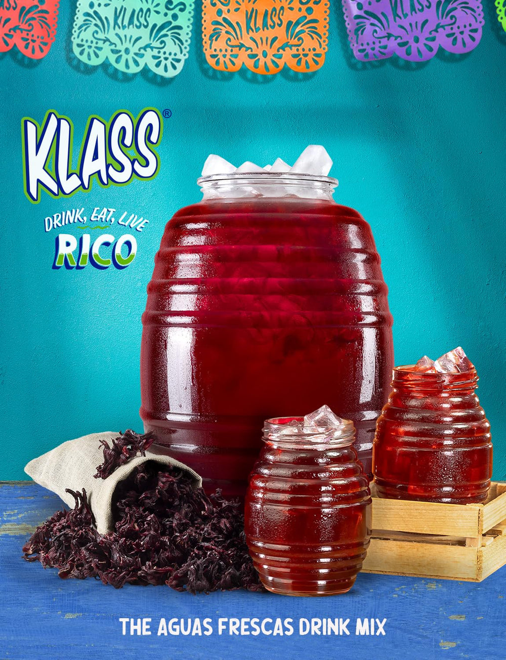Klass Aguas Frescas hibiscus on outdoor table illustrating party-ready refreshment