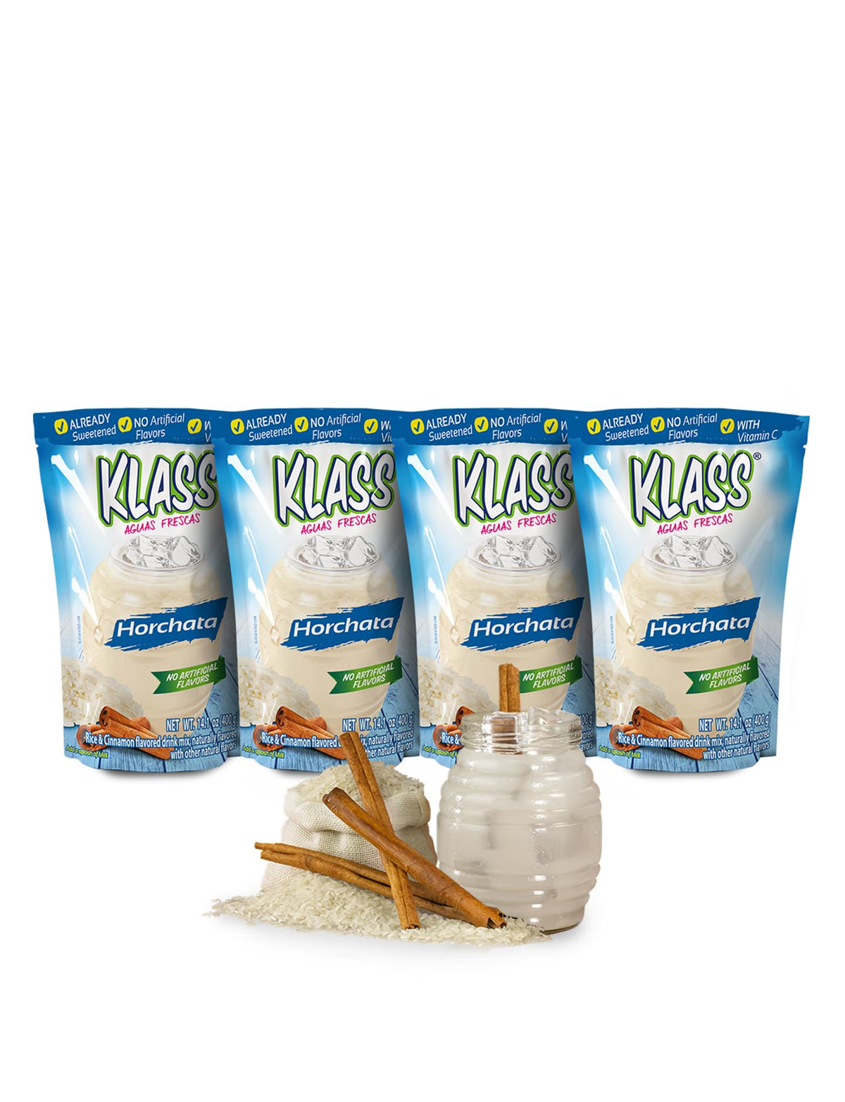 Klass Aguas Frescas front packaging showing horchata family pack benefit convenience