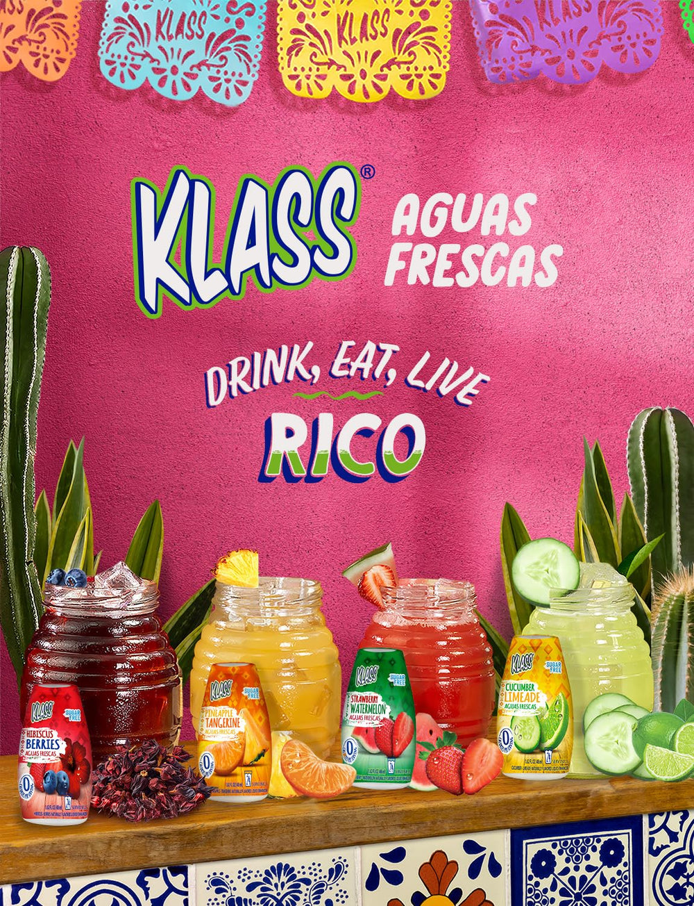 Klass mixed glass of aguas frescas on table showing refreshing sugar-free taste