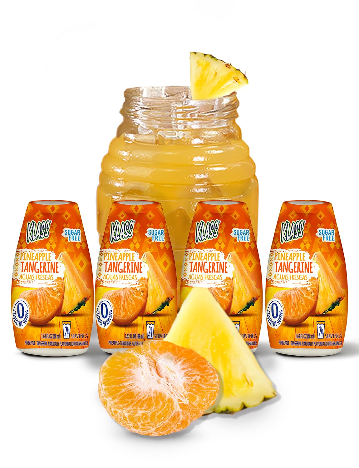 Klass Aguas Frescas front view of Pineapple Tangerine four pack, convenient travel flavor