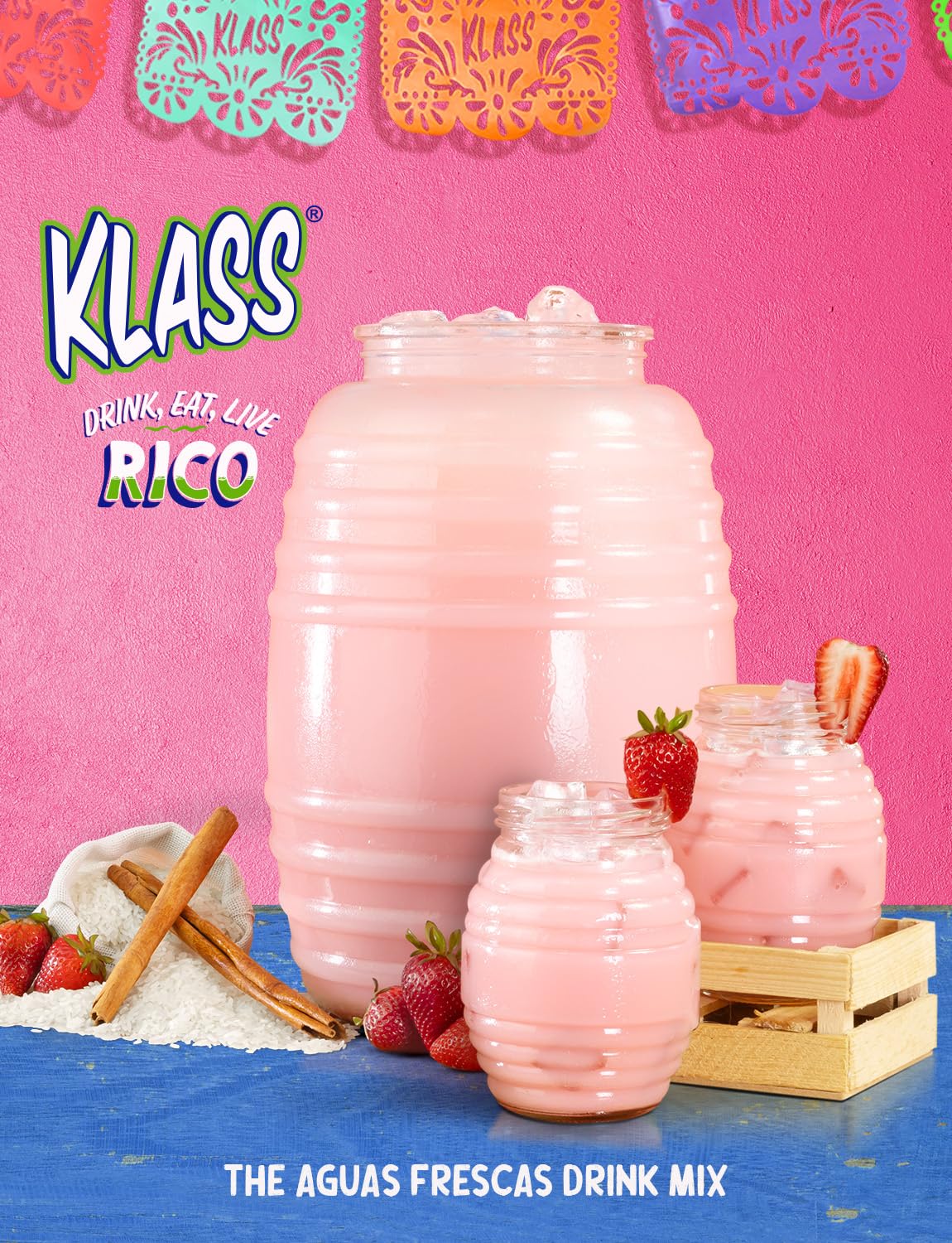 Klass Aguas Frescas on table with glasses illustrating party-ready convenience