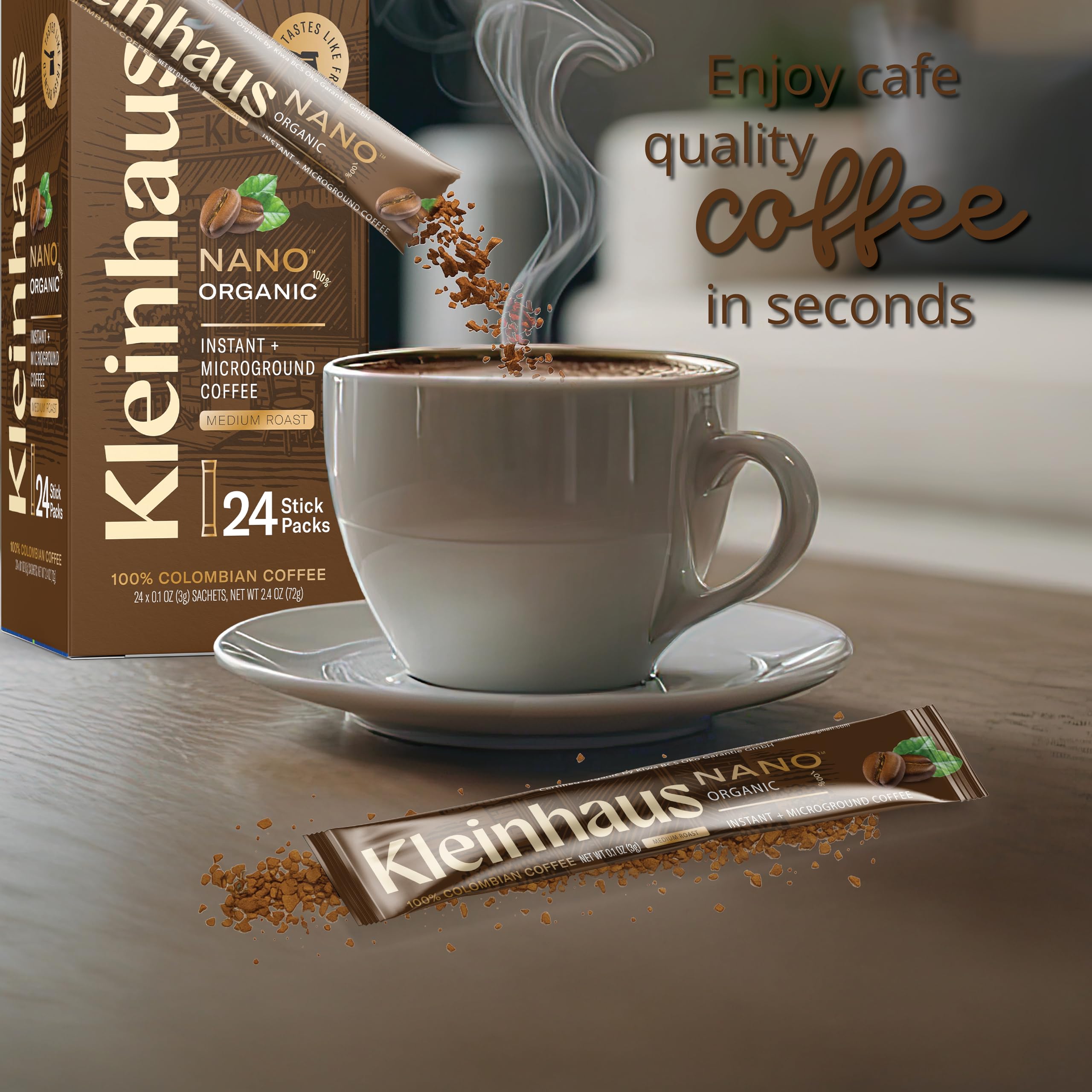 Kleinhaus opened single-serve packet close-up showing granules and aroma benefit