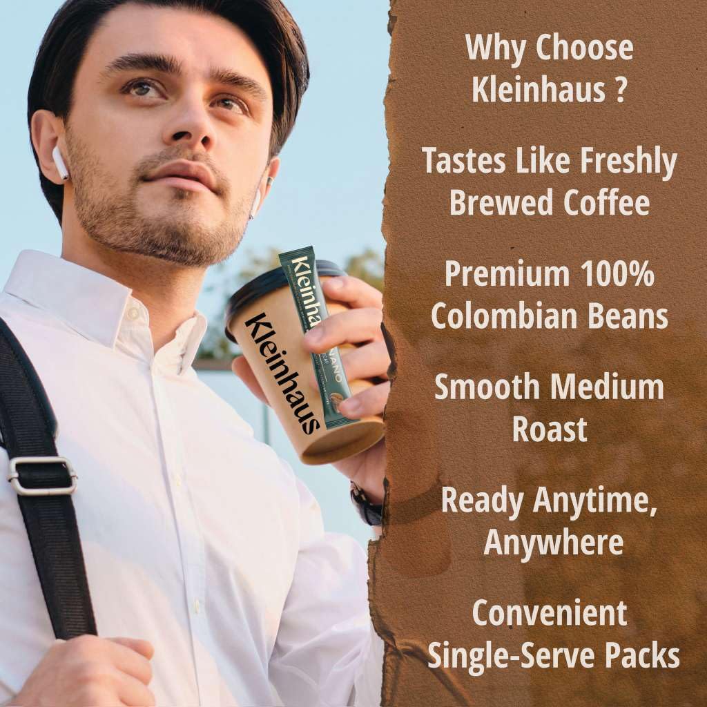Kleinhaus packet in hand for scale illustrating portable single-serve convenience benefit