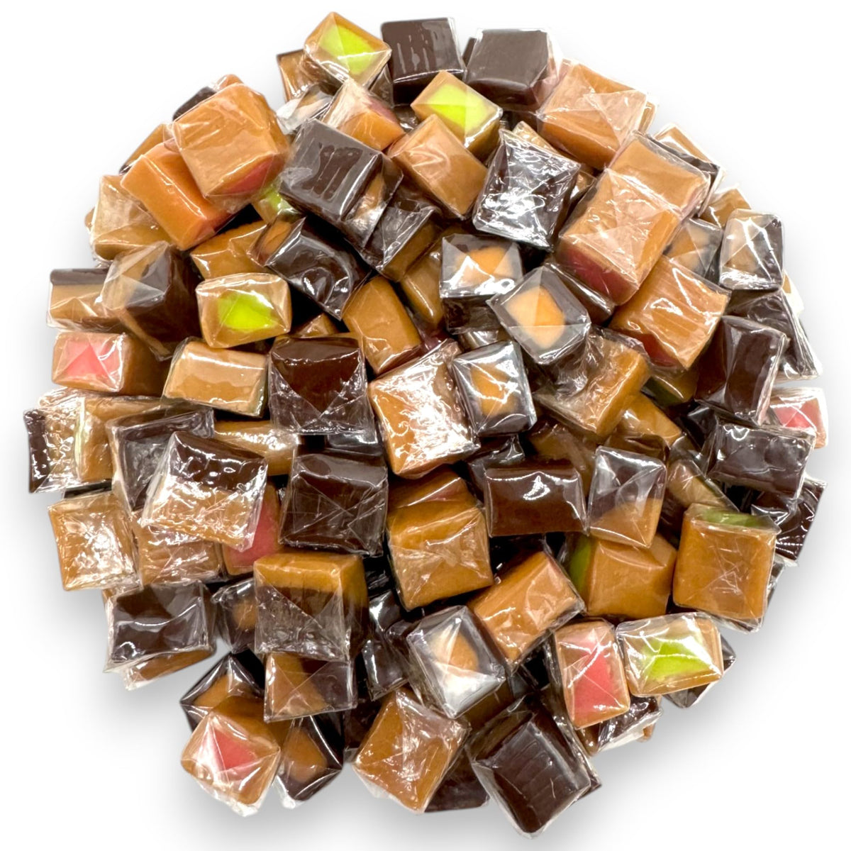 KLUB BULK front packaging view showing assorted caramel cubes and branding benefits